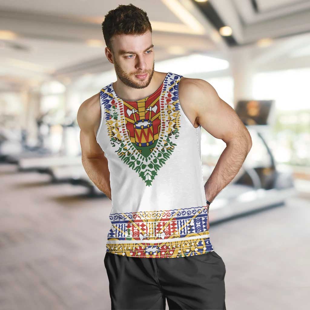 Haiti Flag Traditional Dashiki Men Tank Top White Color