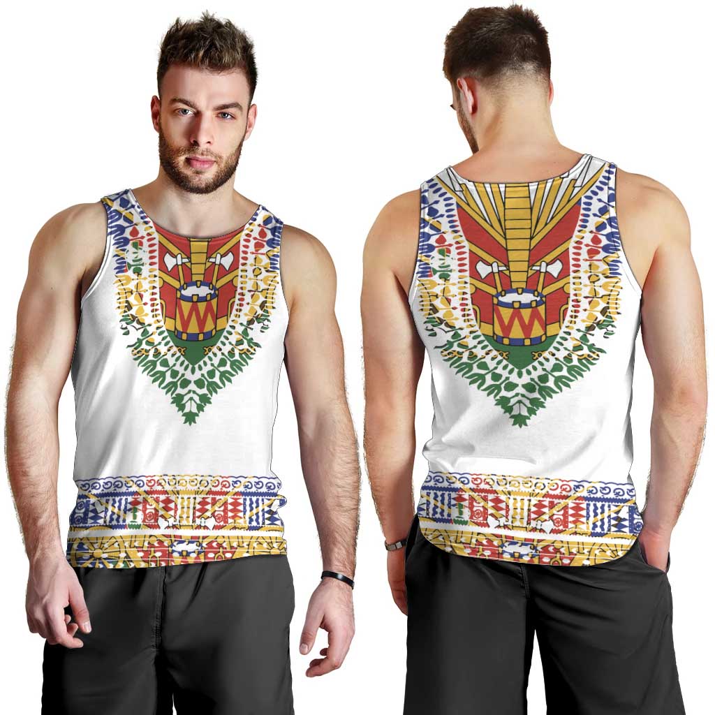 Haiti Flag Traditional Dashiki Men Tank Top White Color