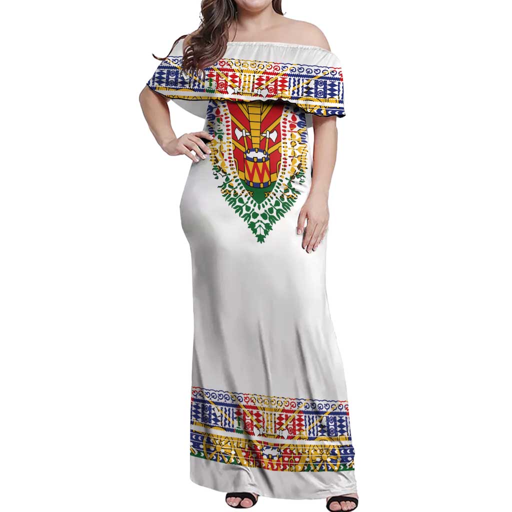 Haiti Flag Traditional Dashiki Off Shoulder Maxi Dress White Color