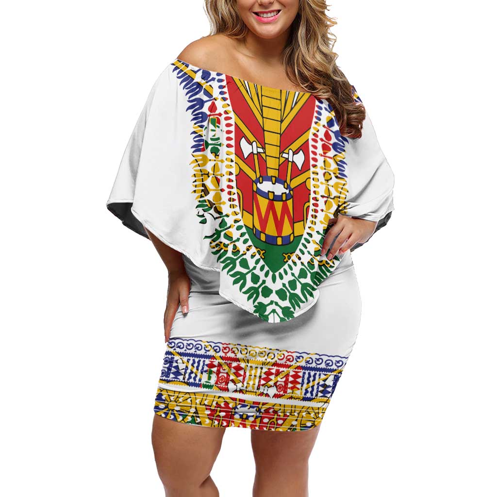 Haiti Flag Traditional Dashiki Off Shoulder Short Dress White Color