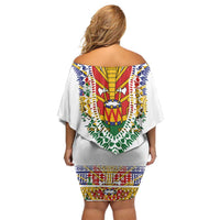 Haiti Flag Traditional Dashiki Off Shoulder Short Dress White Color