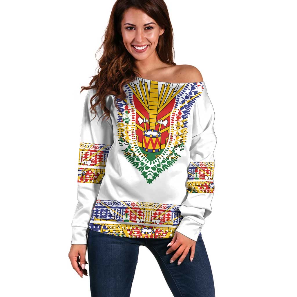 Haiti Flag Traditional Dashiki Off Shoulder Sweater White Color