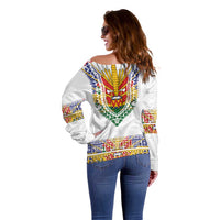 Haiti Flag Traditional Dashiki Off Shoulder Sweater White Color