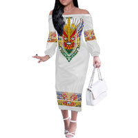 Haiti Flag Traditional Dashiki Off The Shoulder Long Sleeve Dress White Color