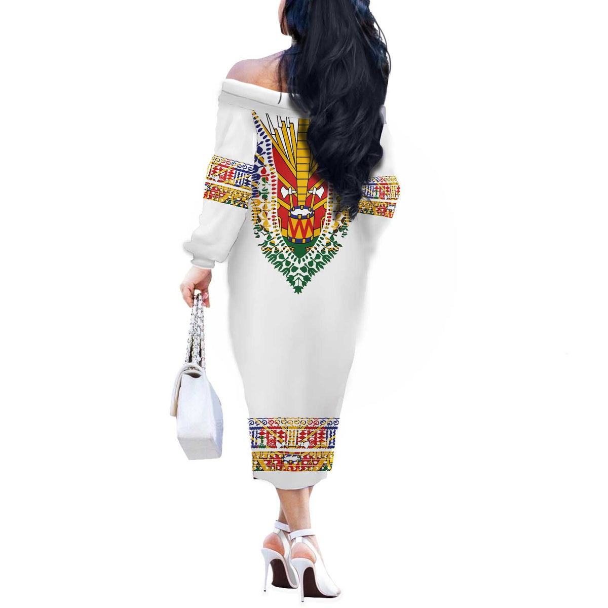 Haiti Flag Traditional Dashiki Off The Shoulder Long Sleeve Dress White Color