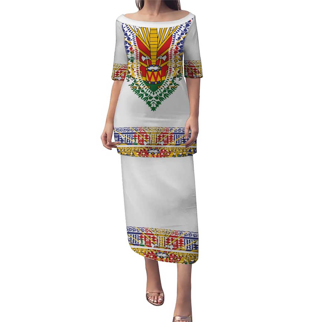 Haiti Flag Traditional Dashiki Puletasi White Color