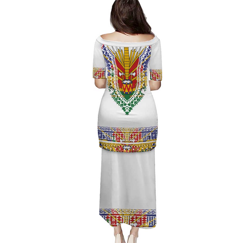 Haiti Flag Traditional Dashiki Puletasi White Color