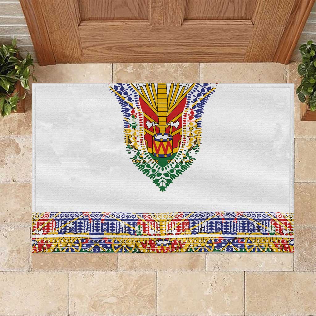 Haiti Flag Traditional Dashiki Rubber Doormat White Color