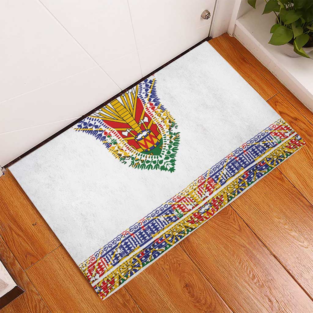 Haiti Flag Traditional Dashiki Rubber Doormat White Color