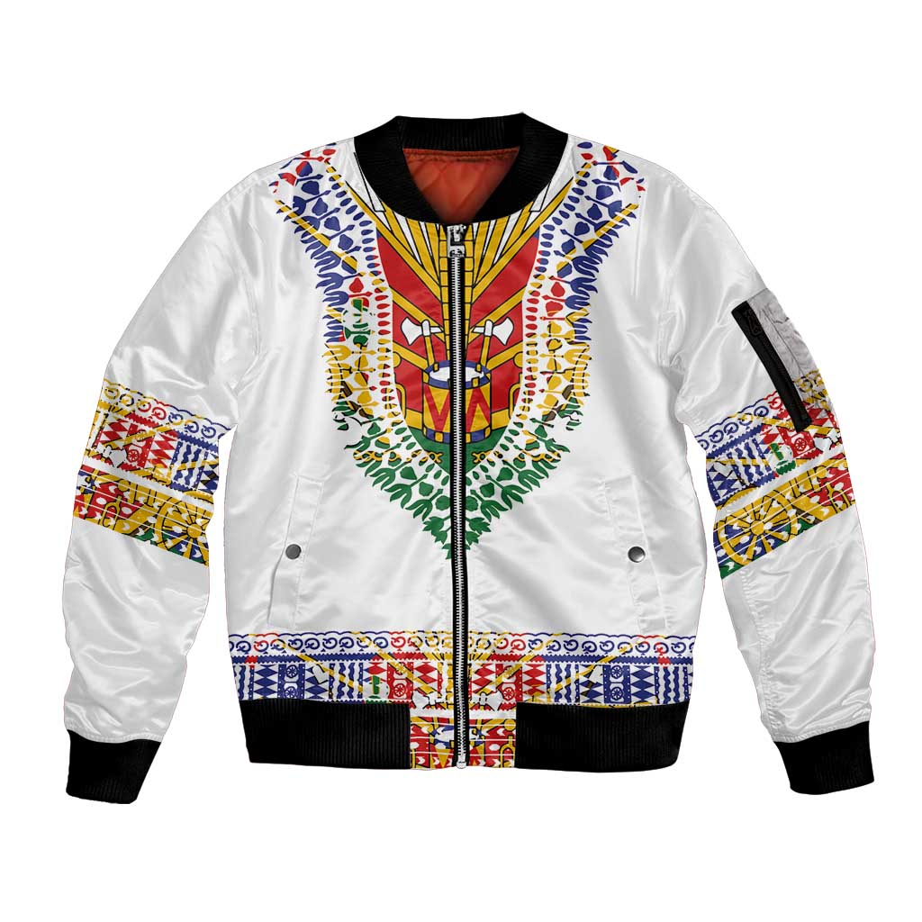 Haiti Flag Traditional Dashiki Sleeve Zip Bomber Jacket White Color