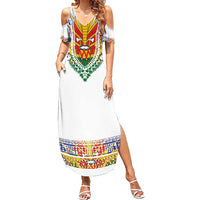 Haiti Flag Traditional Dashiki Summer Maxi Dress White Color