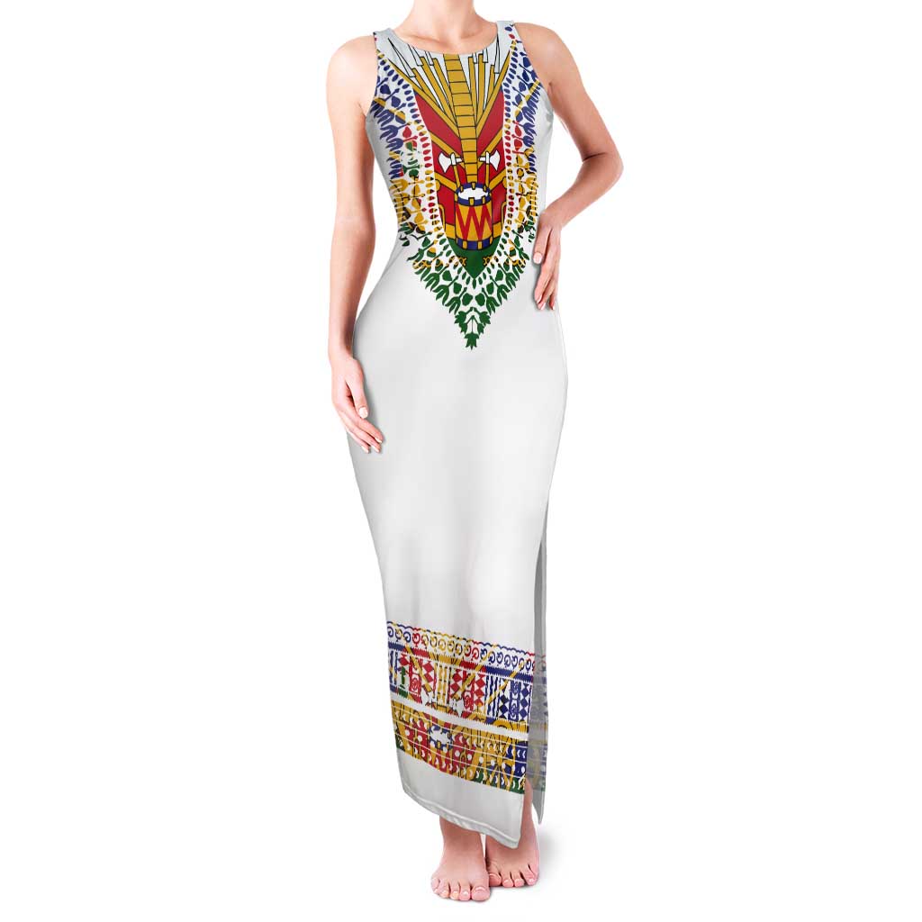Haiti Flag Traditional Dashiki Tank Maxi Dress White Color