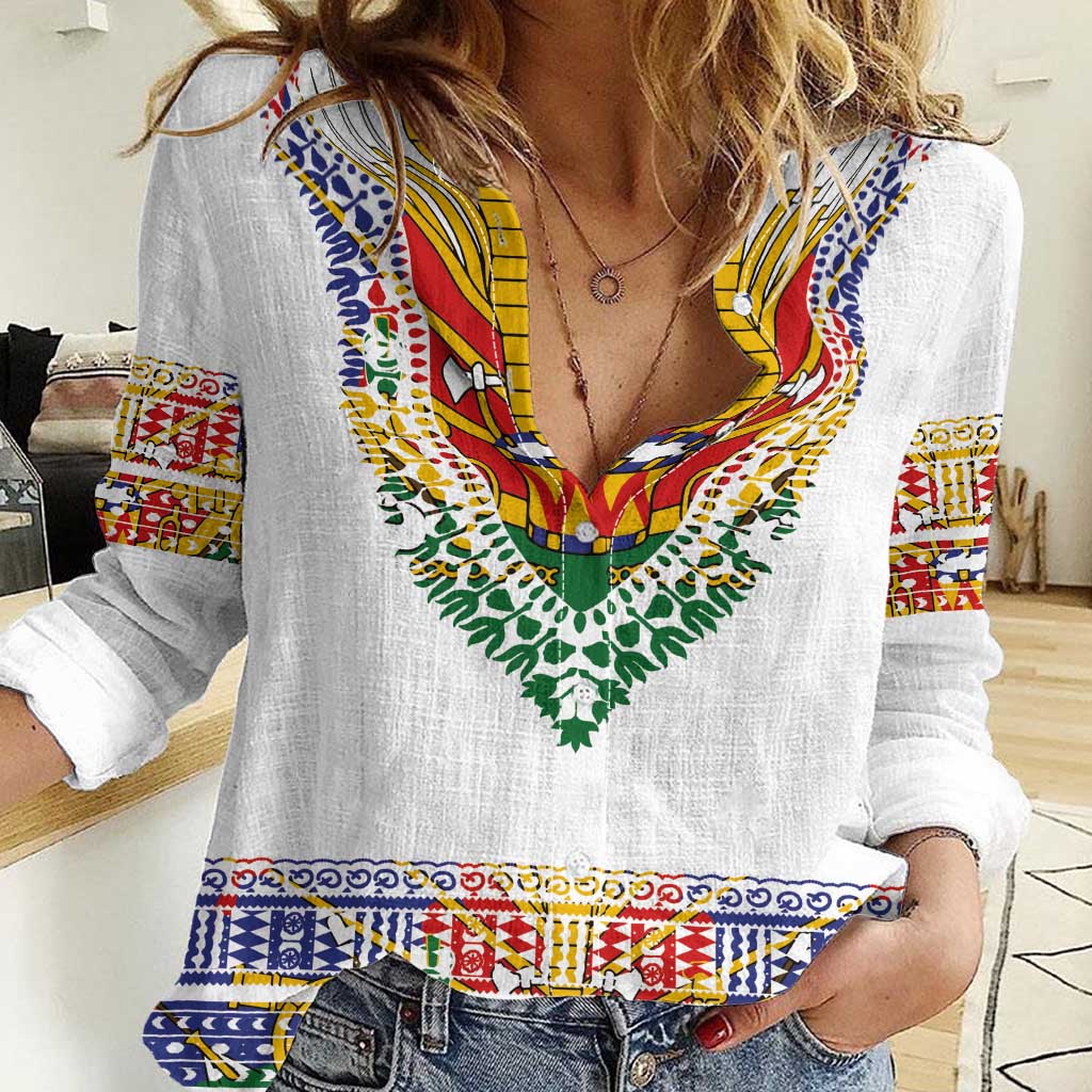 Haiti Flag Traditional Dashiki Women Casual Shirt White Color