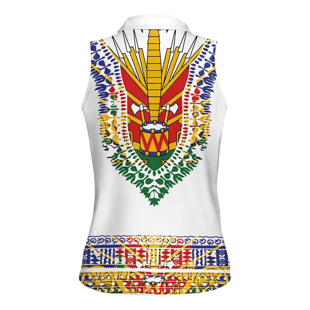 Haiti Flag Traditional Dashiki Women Sleeveless Polo Shirt White Color