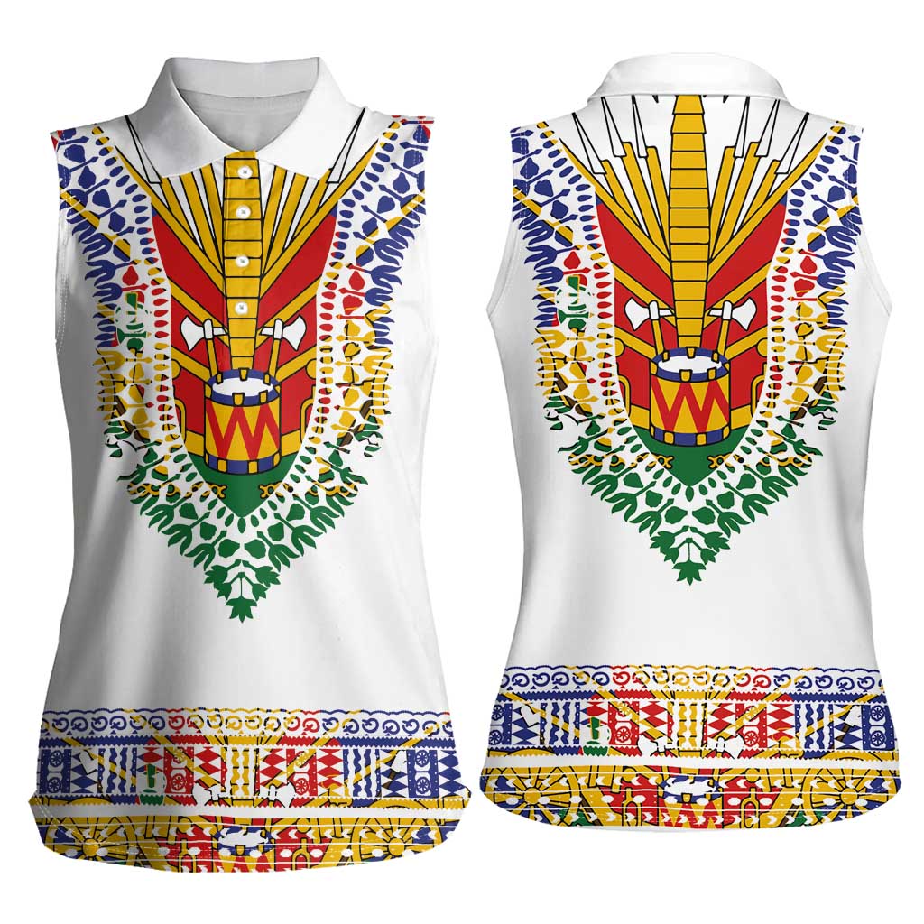 Haiti Flag Traditional Dashiki Women Sleeveless Polo Shirt White Color