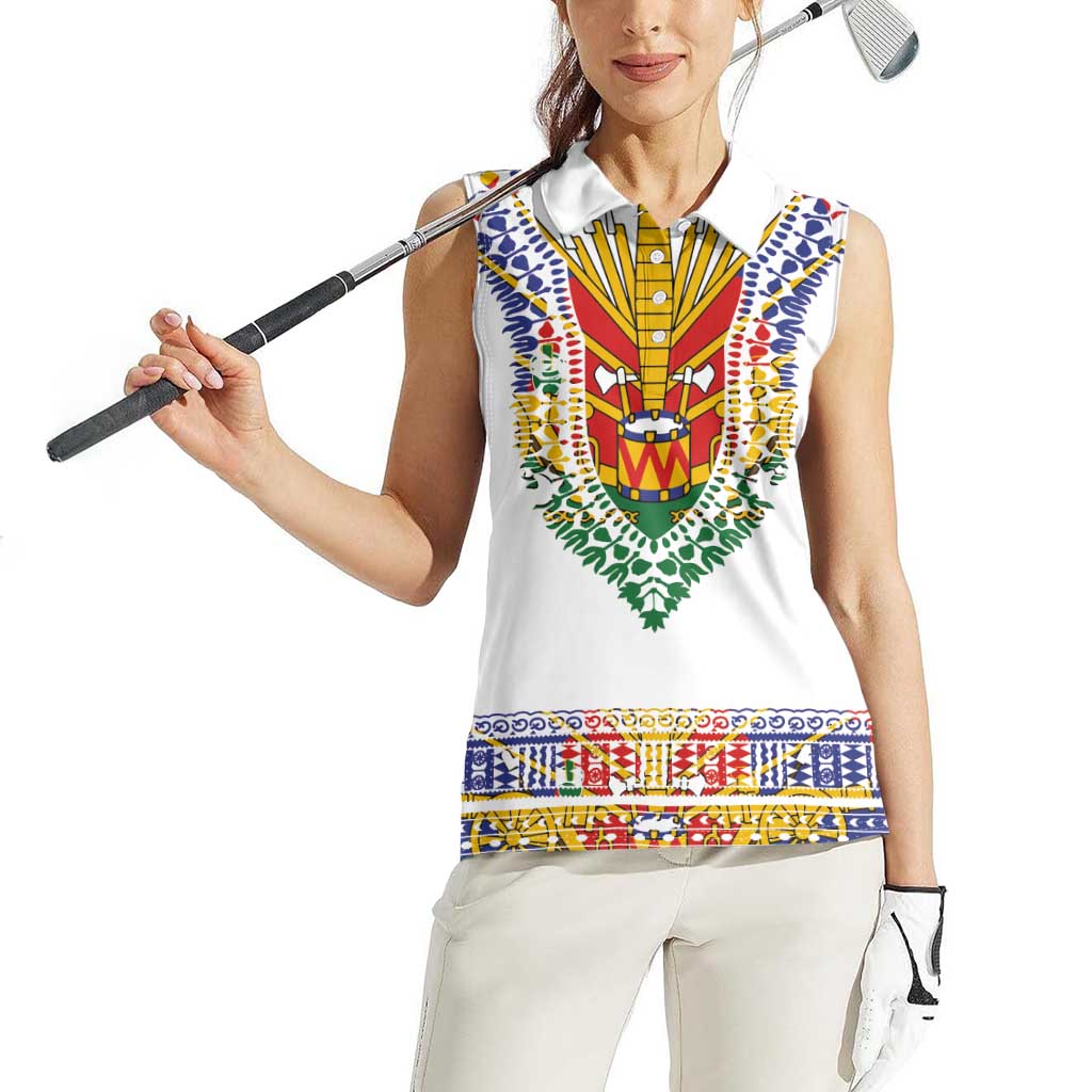 Haiti Flag Traditional Dashiki Women Sleeveless Polo Shirt White Color