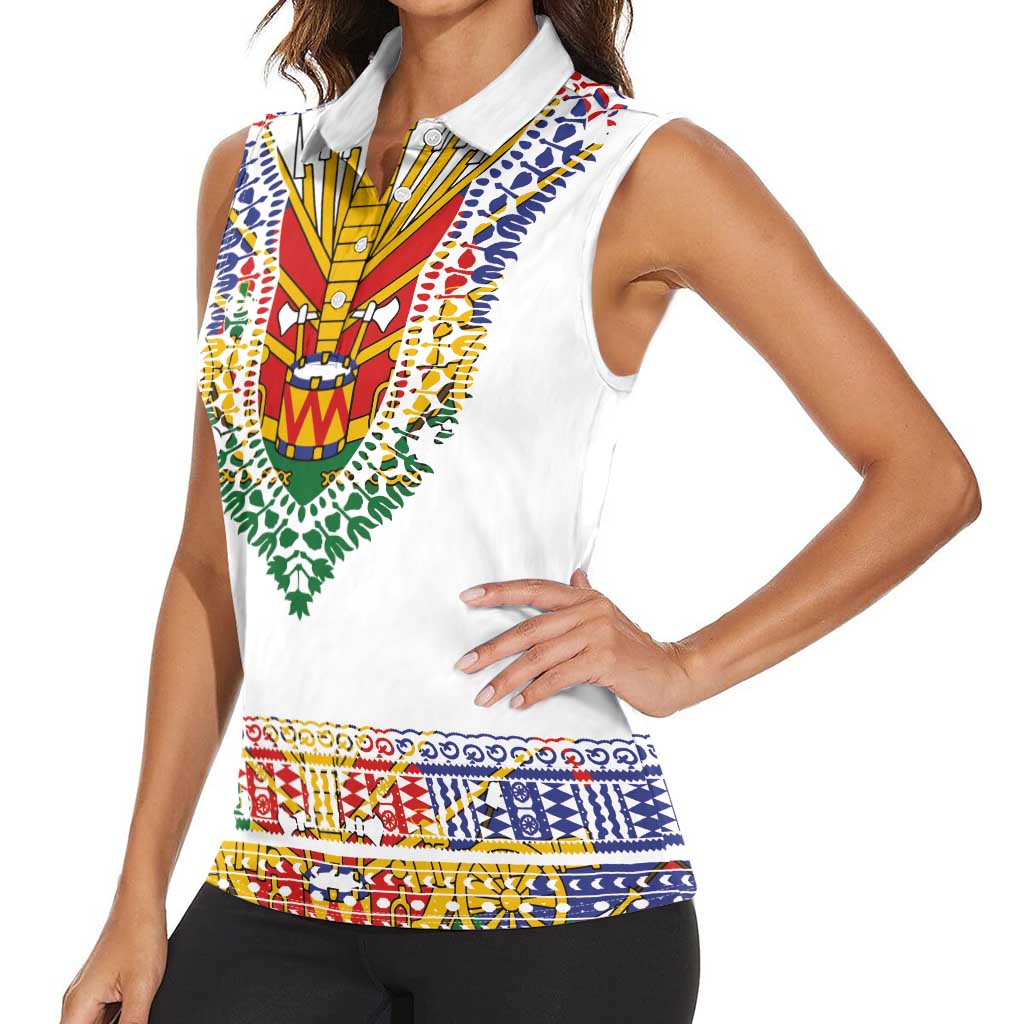 Haiti Flag Traditional Dashiki Women Sleeveless Polo Shirt White Color