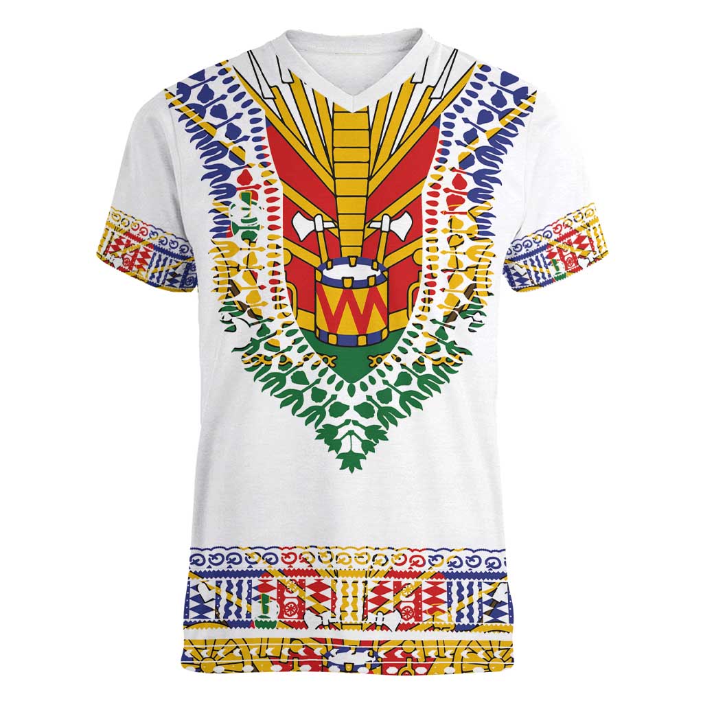 Haiti Flag Traditional Dashiki Women V-Neck T-Shirt White Color