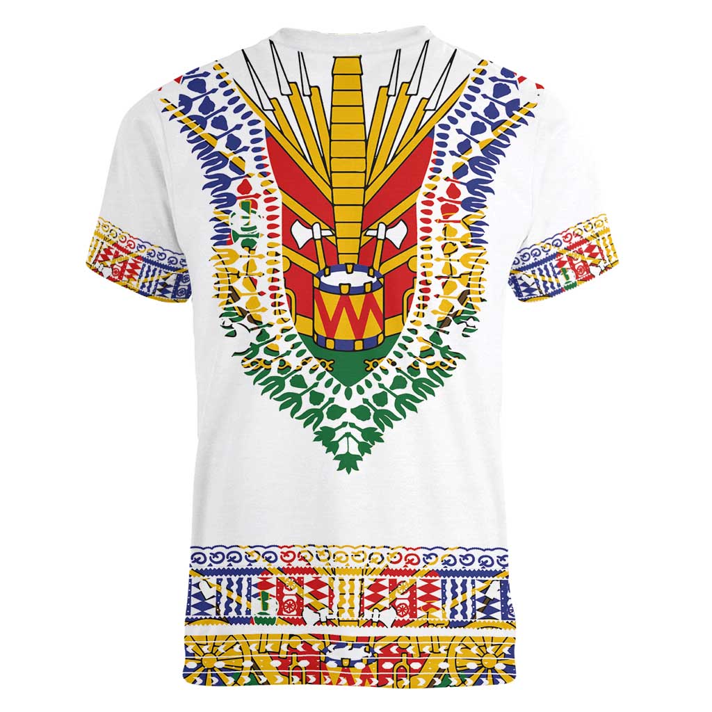 Haiti Flag Traditional Dashiki Women V-Neck T-Shirt White Color