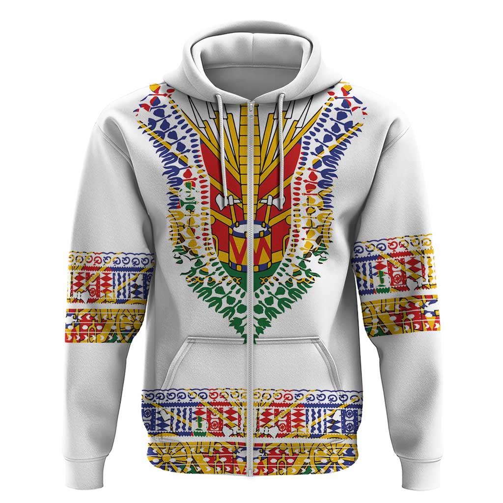 Haiti Flag Traditional Dashiki Zip Hoodie White Color