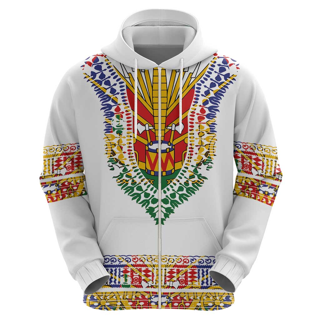 Haiti Flag Traditional Dashiki Zip Hoodie White Color