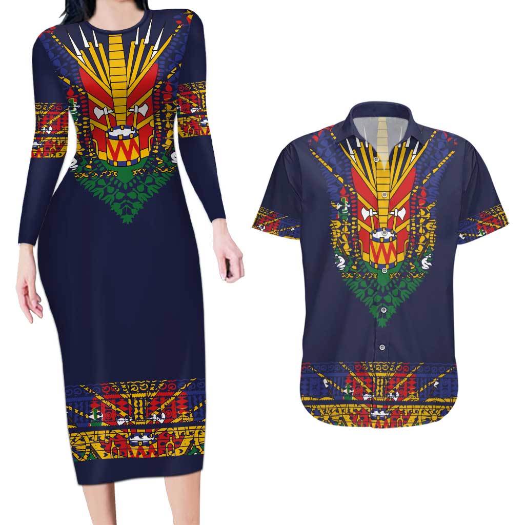 Haiti Flag Traditional Dashiki Couples Matching Long Sleeve Bodycon Dress and Hawaiian Shirt Black Color