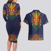 Haiti Flag Traditional Dashiki Couples Matching Long Sleeve Bodycon Dress and Hawaiian Shirt Black Color