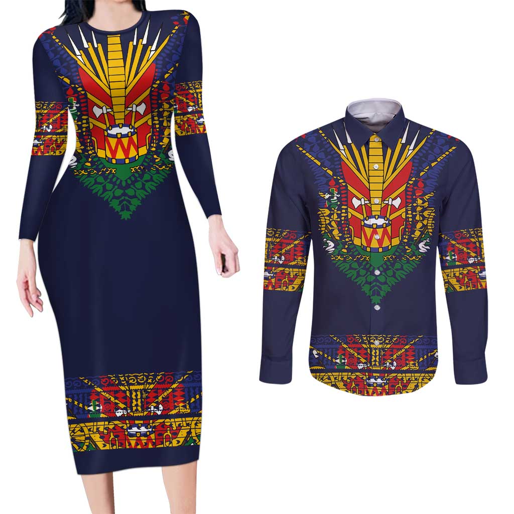 Haiti Flag Traditional Dashiki Couples Matching Long Sleeve Bodycon Dress and Long Sleeve Button Shirt Black Color
