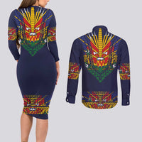 Haiti Flag Traditional Dashiki Couples Matching Long Sleeve Bodycon Dress and Long Sleeve Button Shirt Black Color