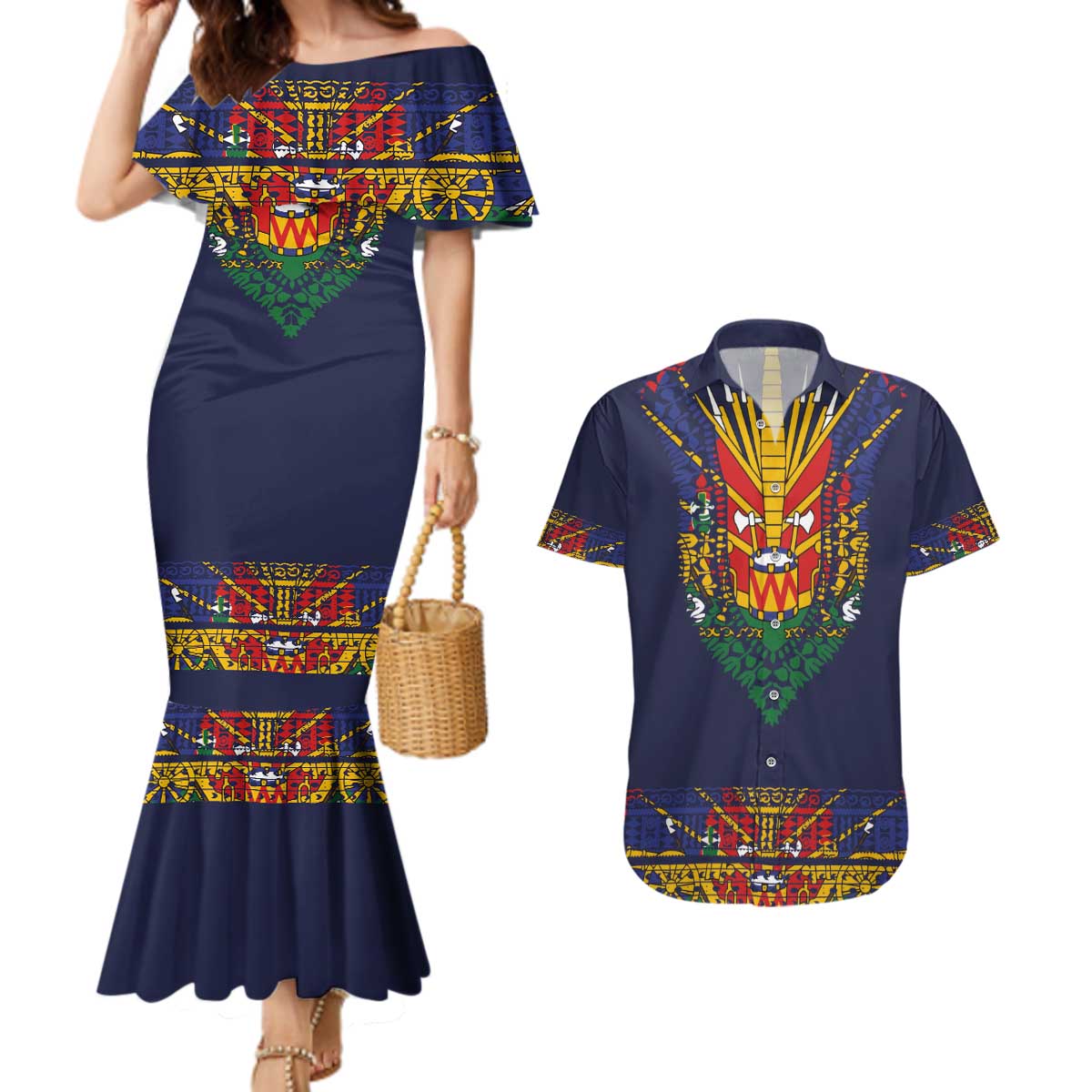 Haiti Flag Traditional Dashiki Couples Matching Mermaid Dress and Hawaiian Shirt Black Color