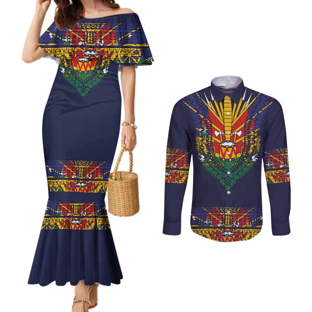 Haiti Flag Traditional Dashiki Couples Matching Mermaid Dress and Long Sleeve Button Shirt Black Color