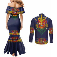 Haiti Flag Traditional Dashiki Couples Matching Mermaid Dress and Long Sleeve Button Shirt Black Color