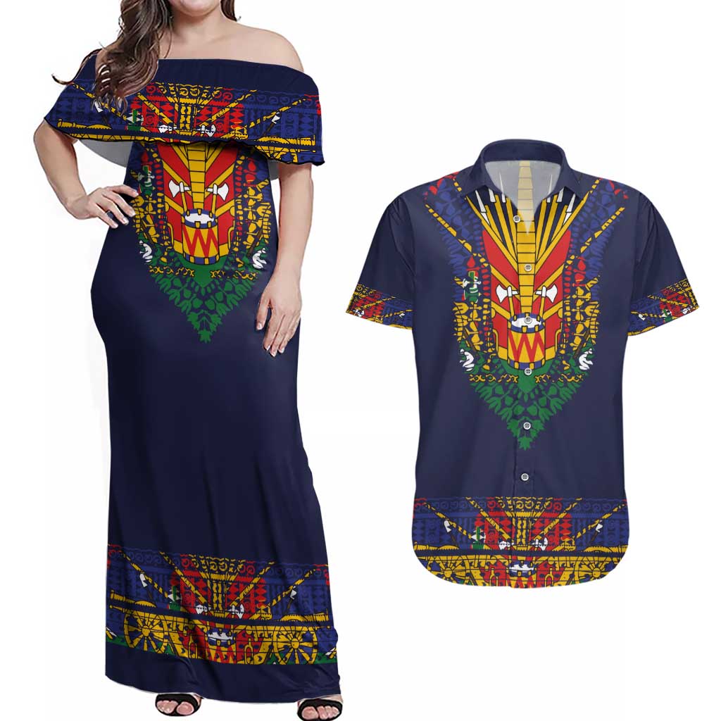 Haiti Flag Traditional Dashiki Couples Matching Off Shoulder Maxi Dress and Hawaiian Shirt Black Color