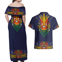 Haiti Flag Traditional Dashiki Couples Matching Off Shoulder Maxi Dress and Hawaiian Shirt Black Color