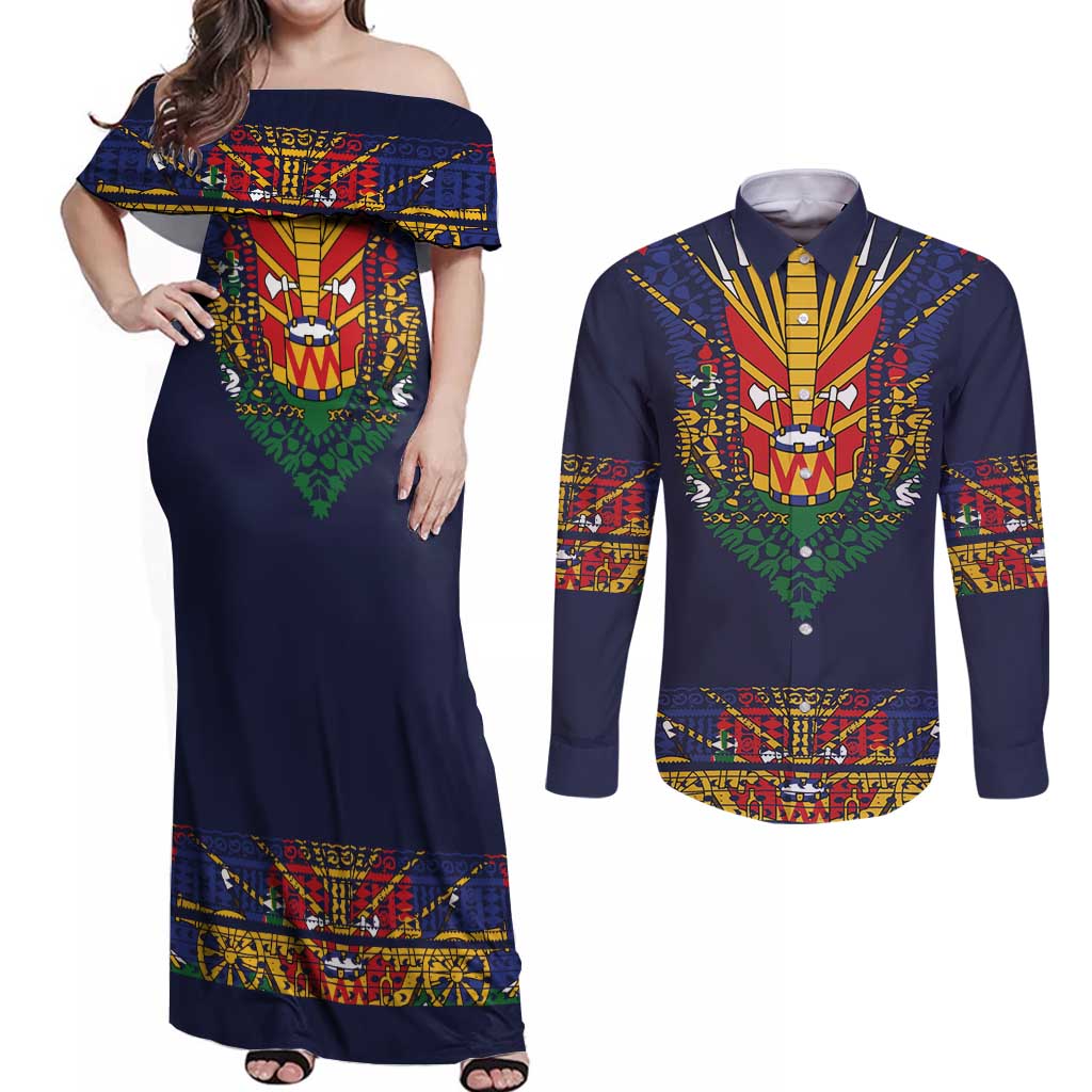 Haiti Flag Traditional Dashiki Couples Matching Off Shoulder Maxi Dress and Long Sleeve Button Shirt Black Color