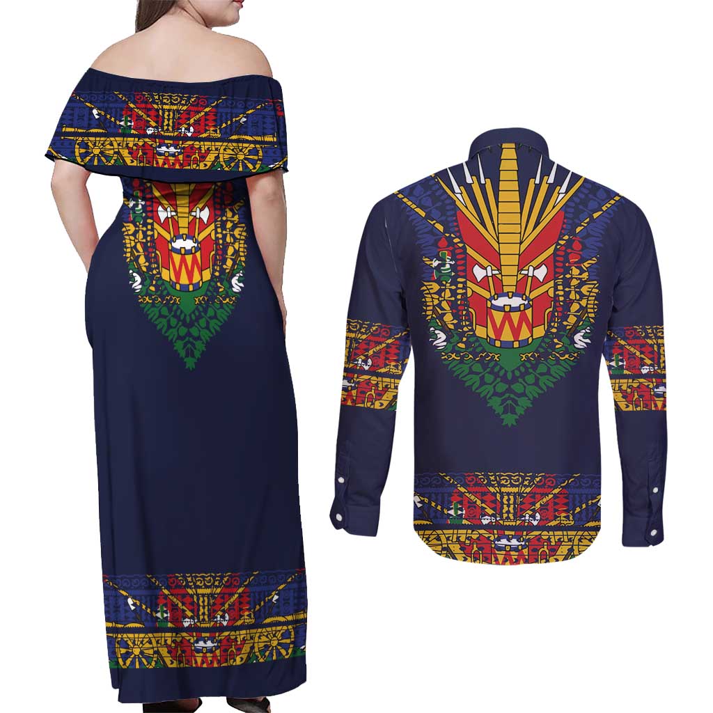 Haiti Flag Traditional Dashiki Couples Matching Off Shoulder Maxi Dress and Long Sleeve Button Shirt Black Color