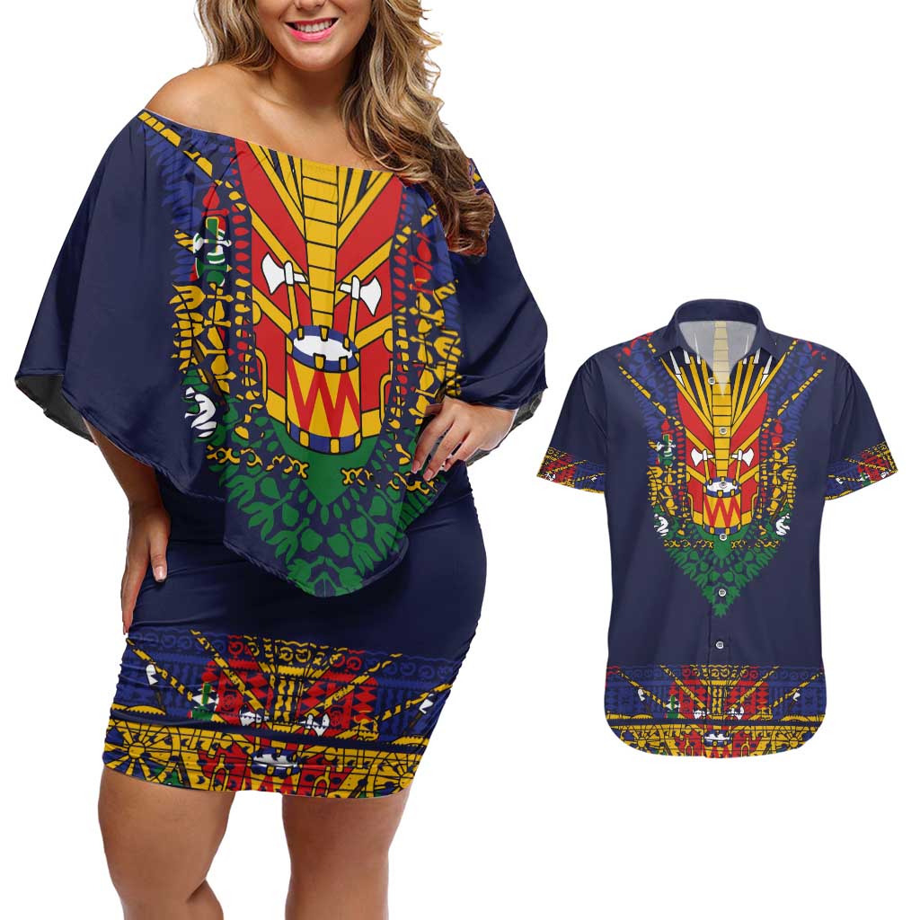 Haiti Flag Traditional Dashiki Couples Matching Off Shoulder Short Dress and Hawaiian Shirt Black Color