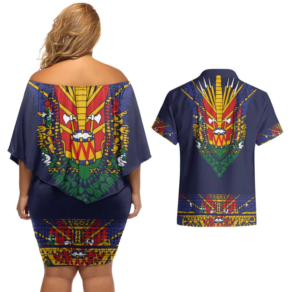 Haiti Flag Traditional Dashiki Couples Matching Off Shoulder Short Dress and Hawaiian Shirt Black Color