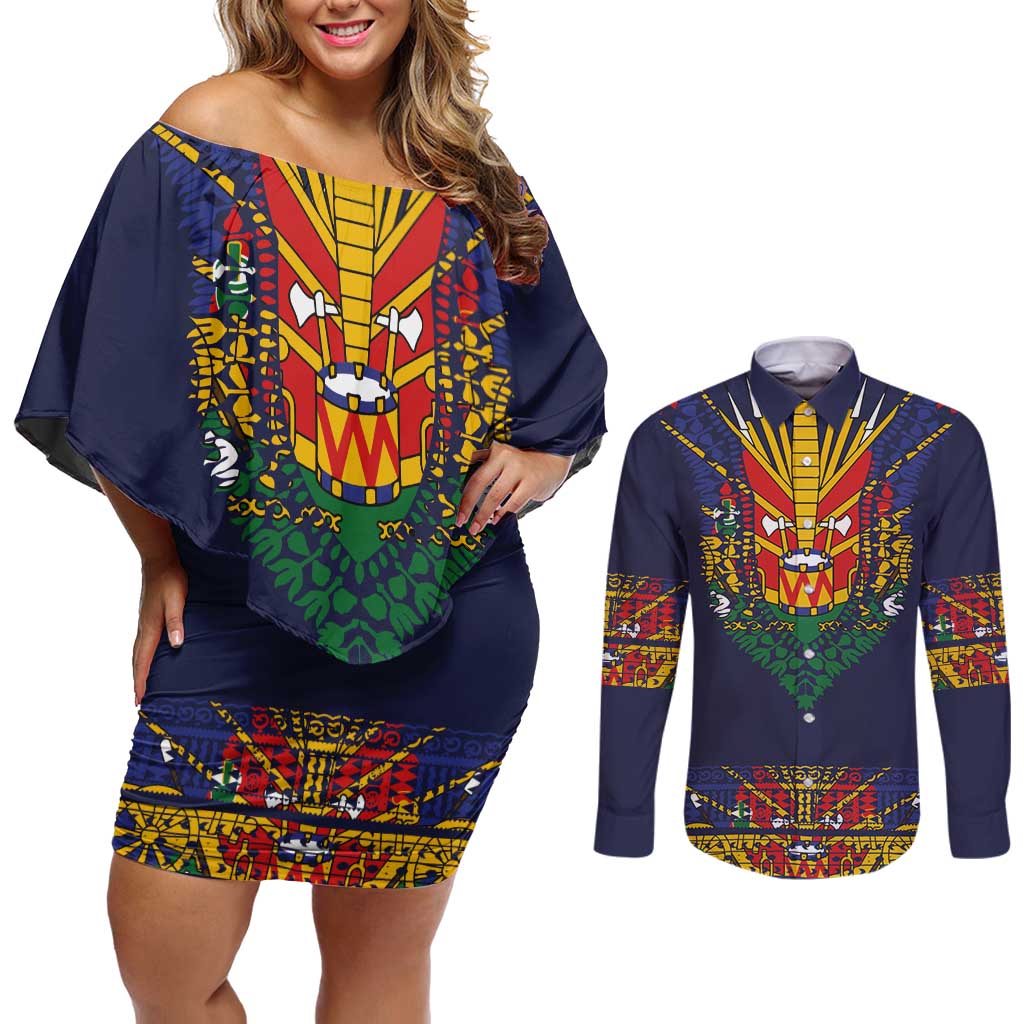 Haiti Flag Traditional Dashiki Couples Matching Off Shoulder Short Dress and Long Sleeve Button Shirt Black Color