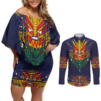 Haiti Flag Traditional Dashiki Couples Matching Off Shoulder Short Dress and Long Sleeve Button Shirt Black Color