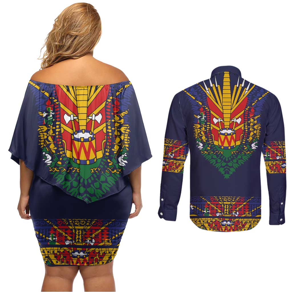 Haiti Flag Traditional Dashiki Couples Matching Off Shoulder Short Dress and Long Sleeve Button Shirt Black Color