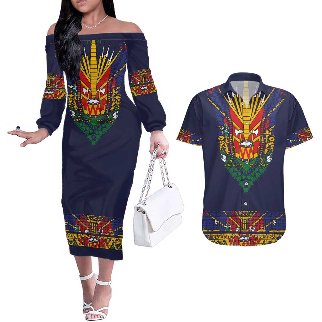 Haiti Flag Traditional Dashiki Couples Matching Off The Shoulder Long Sleeve Dress and Hawaiian Shirt Black Color