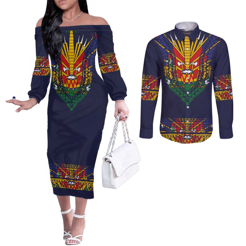 Haiti Flag Traditional Dashiki Couples Matching Off The Shoulder Long Sleeve Dress and Long Sleeve Button Shirt Black Color