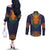 Haiti Flag Traditional Dashiki Couples Matching Off The Shoulder Long Sleeve Dress and Long Sleeve Button Shirt Black Color