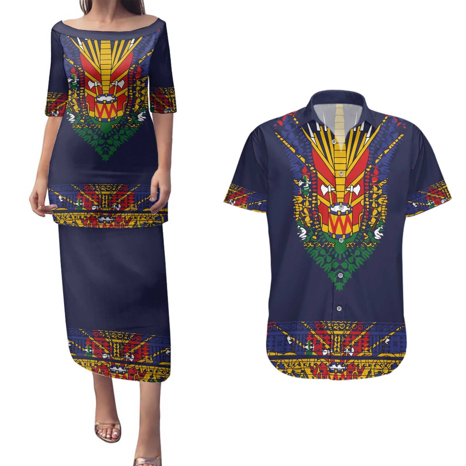 Haiti Flag Traditional Dashiki Couples Matching Puletasi and Hawaiian Shirt Black Color