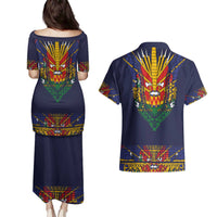 Haiti Flag Traditional Dashiki Couples Matching Puletasi and Hawaiian Shirt Black Color