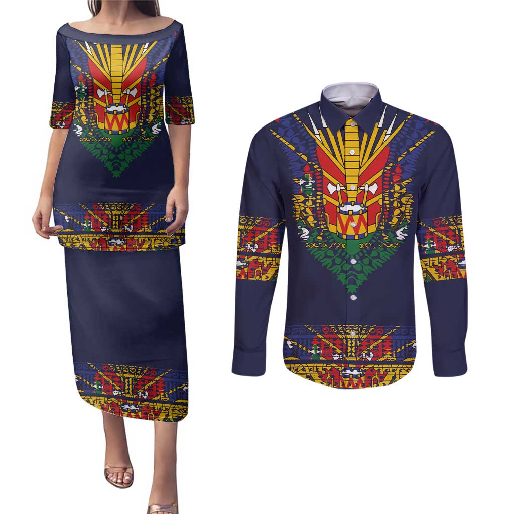 Haiti Flag Traditional Dashiki Couples Matching Puletasi and Long Sleeve Button Shirt Black Color