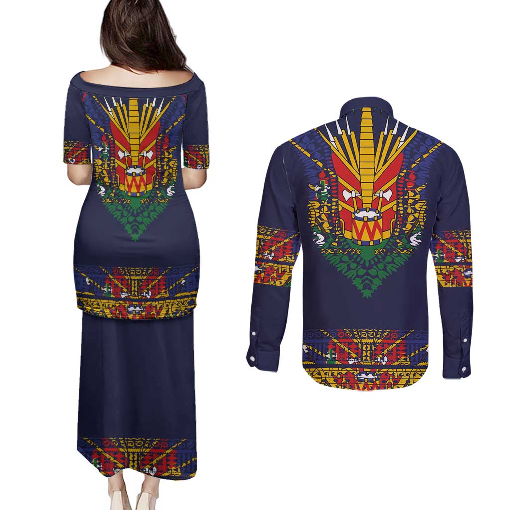 Haiti Flag Traditional Dashiki Couples Matching Puletasi and Long Sleeve Button Shirt Black Color