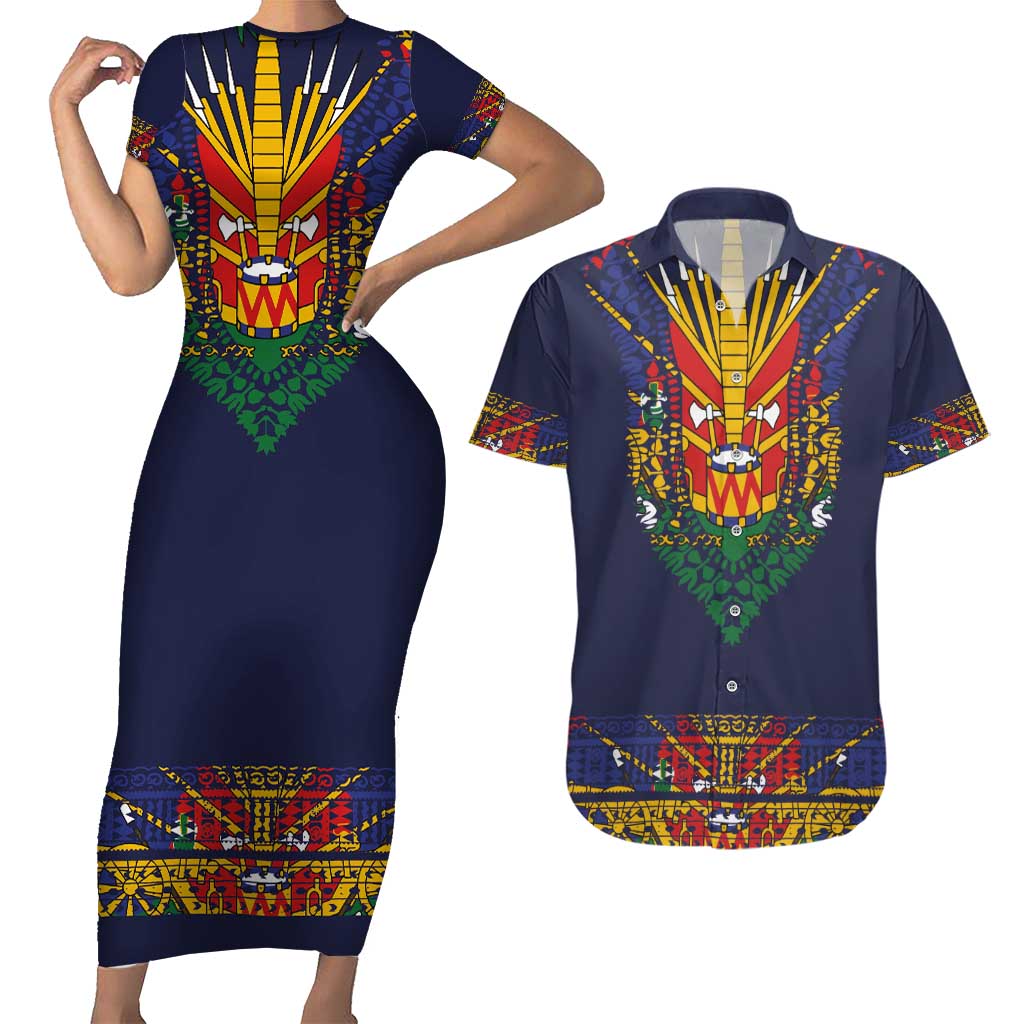 Haiti Flag Traditional Dashiki Couples Matching Short Sleeve Bodycon Dress and Hawaiian Shirt Black Color