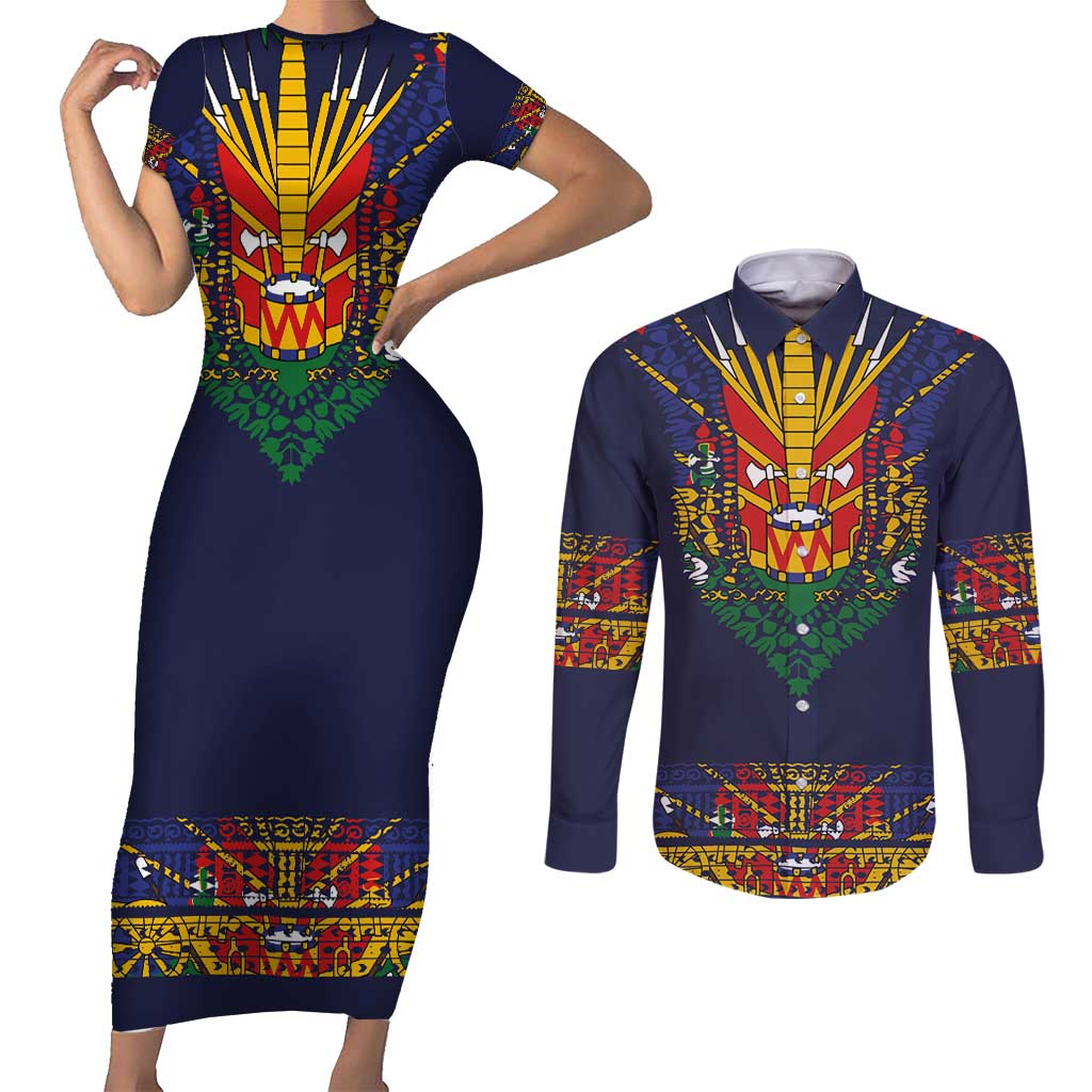 Haiti Flag Traditional Dashiki Couples Matching Short Sleeve Bodycon Dress and Long Sleeve Button Shirt Black Color